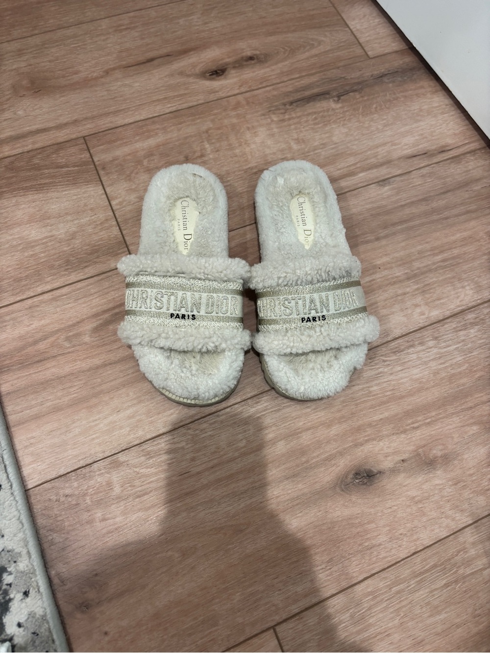 CD Shearling Logo Slide Sandals in Off-White